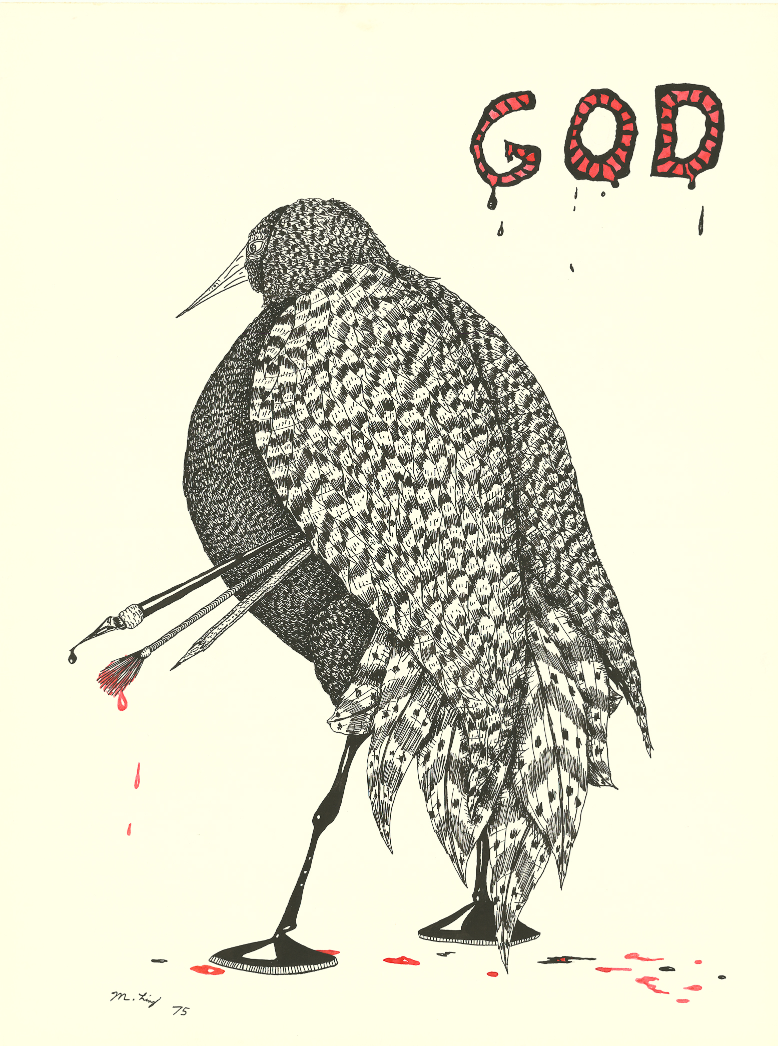 <i>GOD</i><br>Ink and watercolor on paper<br>24 X 18 Inches<br>February - 1975<br>