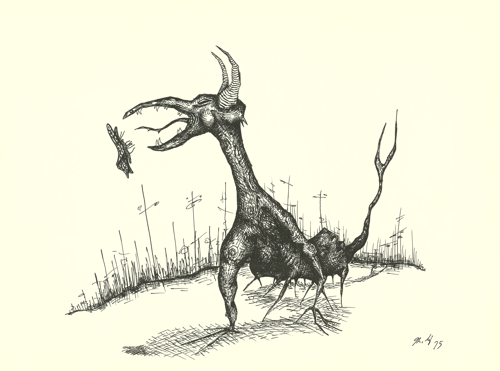 <i>A Great Beast Did Come And Raise It's Ugly Head</i><br>Ink on paper<br>18 X 24 Inches<br>September - 1975<br>