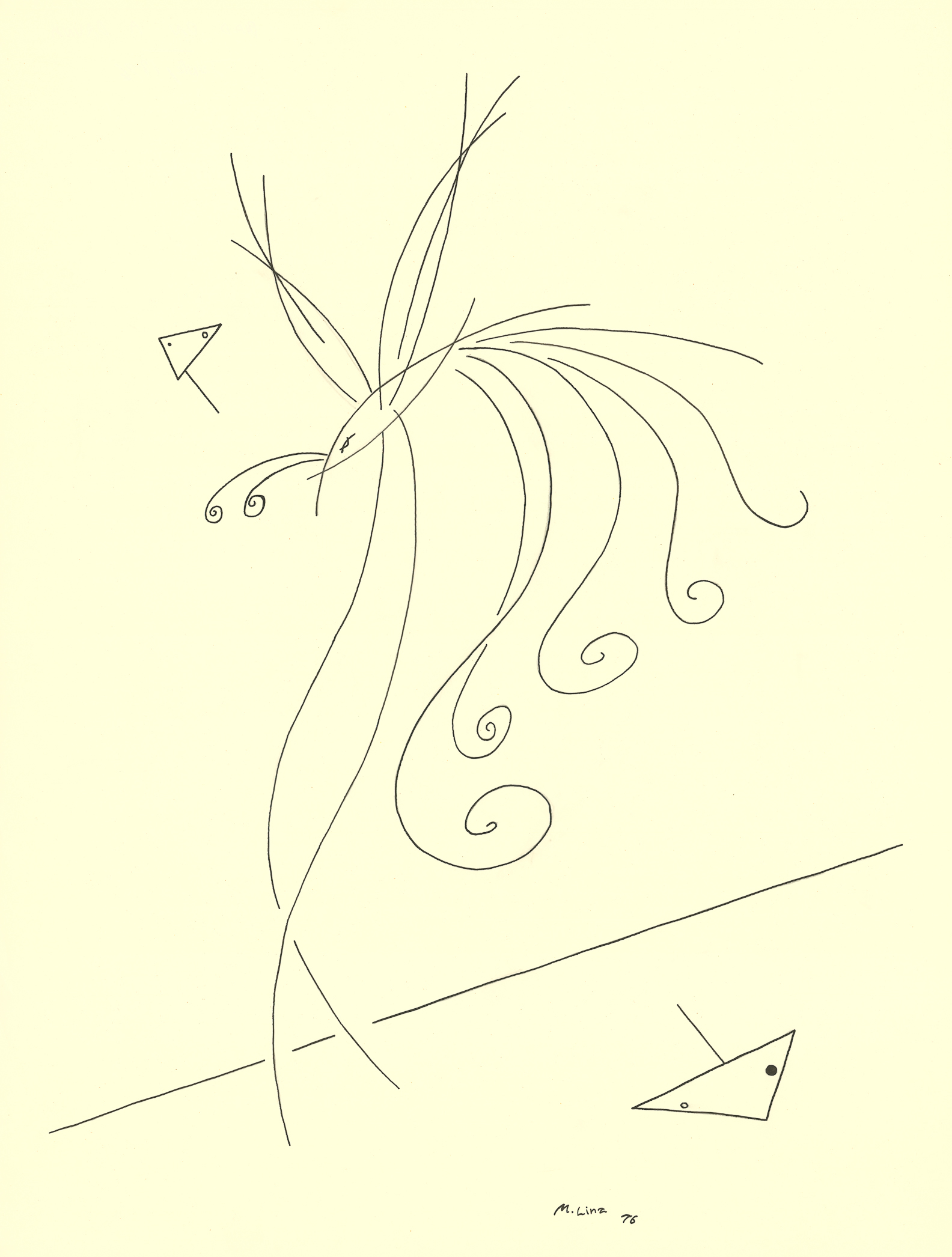 <i>Bird On A Drunk</i><br>Ink on paper<br>24 X 18 Inches<br>June - 1976<br>